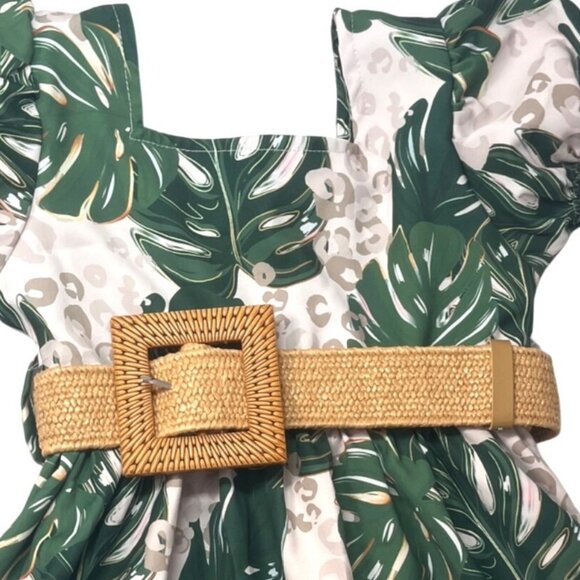 Boutique Tropical Leaf & Leopard Print Dress W Belt & Headband XS Green & Beige - Picture 3 of 8